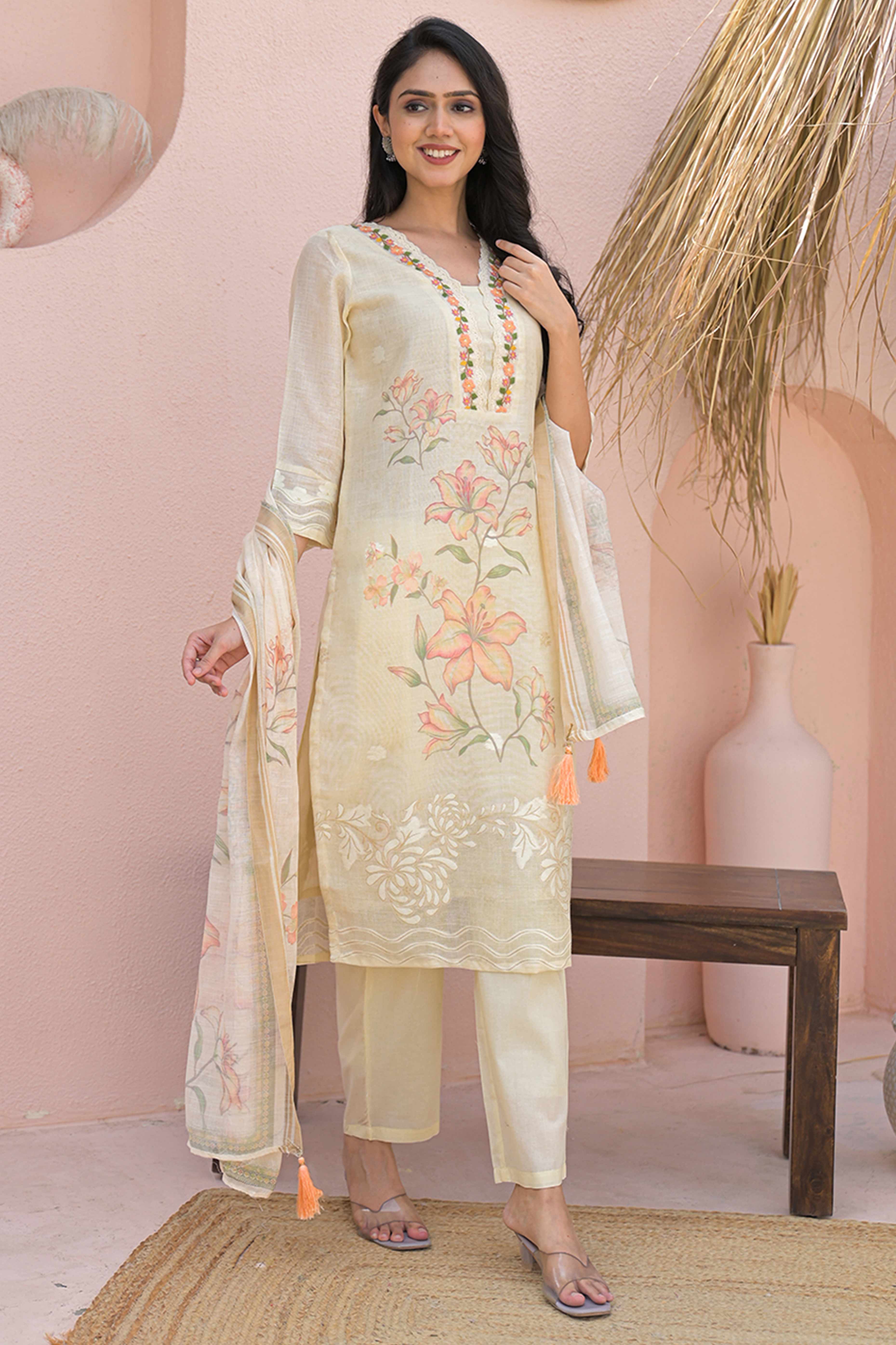 Powder Yellow Cotton Linen Salwar Suit with Printed Blooms and Delicate Embroidery Highlights