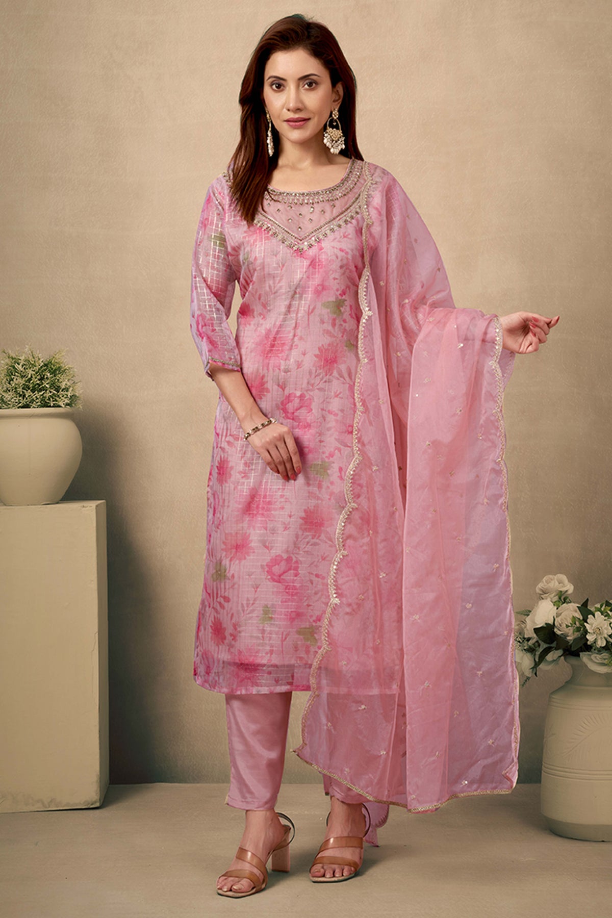 Light Peach Floral Print With Zari Weaving Work Organza Straight Salwar Suit