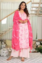 Feminine A-Line Salwar Suit in Soft Pink Pure Cotton with Delicate Floral Prints and Embroidery Highlights