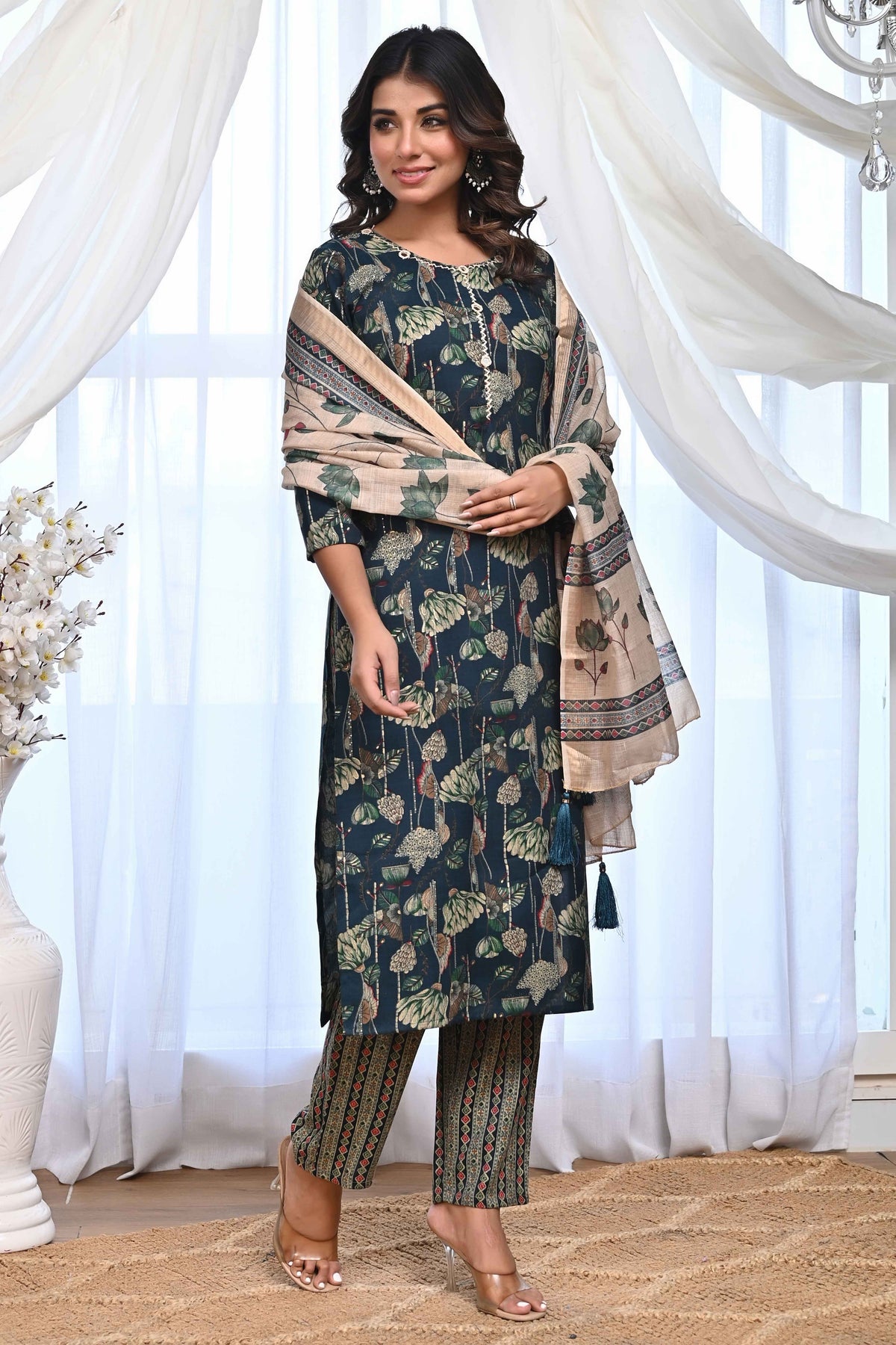 Dark Teal Blue Rayon Salwar Suit With Blooming Floral Print & Elegant Mirror Thread Work