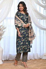 Dark Teal Blue Rayon Salwar Suit With Blooming Floral Print & Elegant Mirror Thread Work