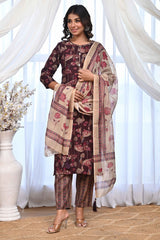 Elegant Wine Rayon Salwar Suit With Floral Prints & Mirror Thread Embellishments