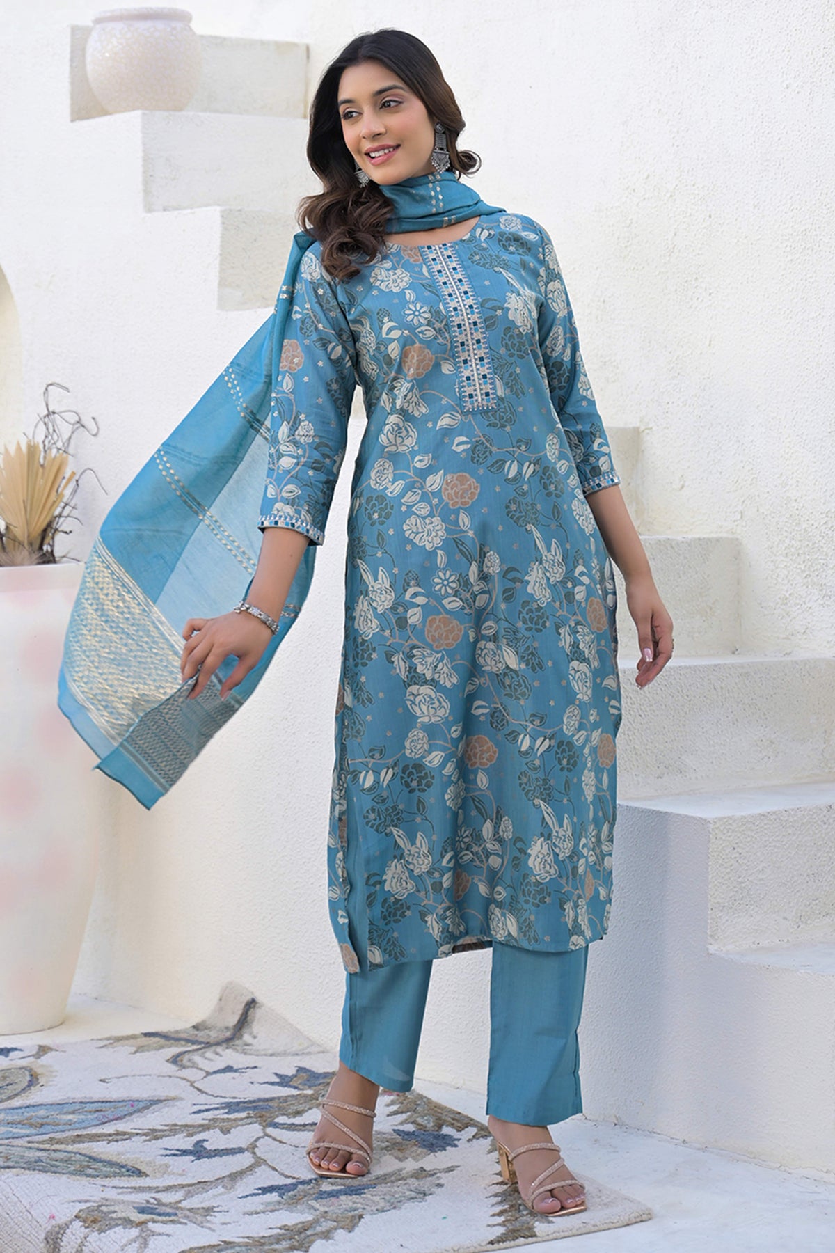 Blue Straight Viscose Salwar Suit With Delicate Floral Prints