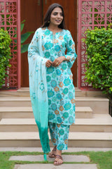 Turquoise Cotton Salwar Suit With Floral Print & Straight Fit