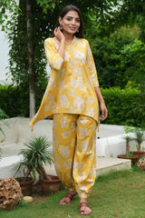 Yellow Pure Cotton Co-Ord Set with Floral Handwork – Elegant Festive Wear
