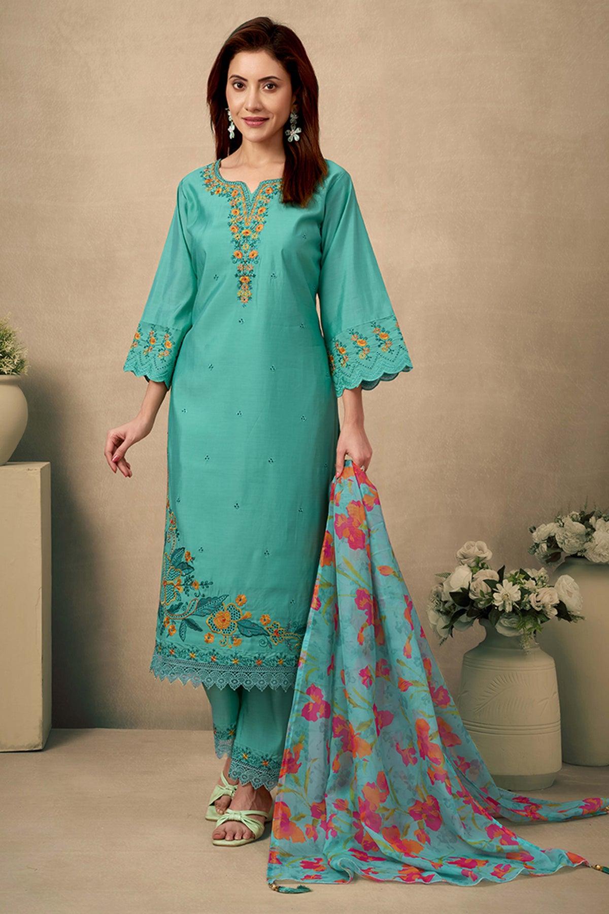 Green Floral Embroidered Straight Salwar Suit Made of Chanderi Silk.