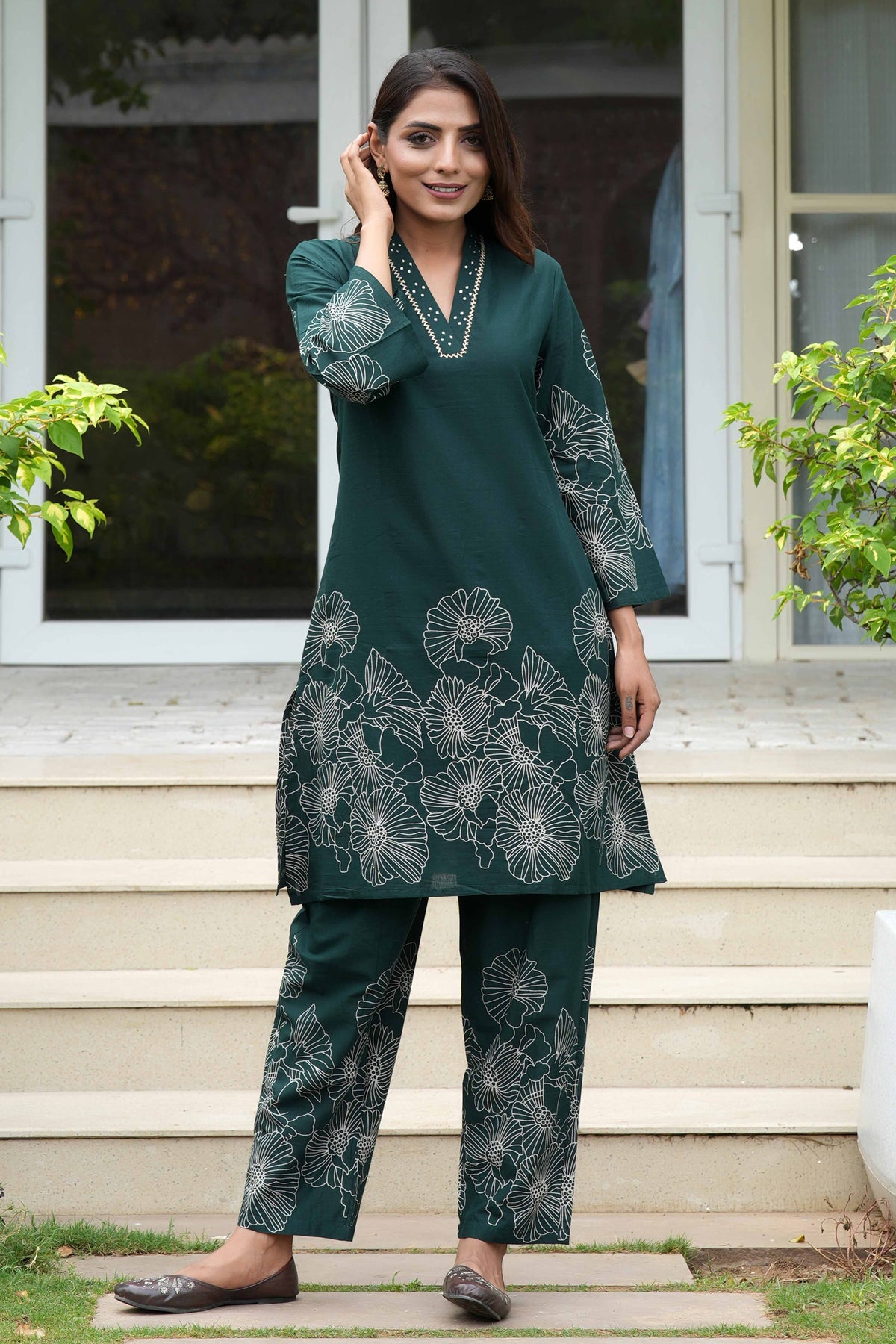 Bottle Green Floral Embroidered Co-Ord Set – Top & Bottom