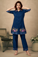 Navy Blue Floral Embroidered Chinon Co-Ord Set – Elegant & Comfortable Occasion Wear