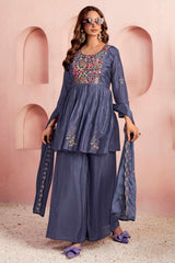 Dark Purple Viscose Chinon Salwar Suit with Handcrafted Floral Embroidery