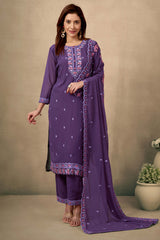 Wine Embroidered Straight Salwar Suit in Heavy Viscose Georgette