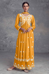 Mustard Rayon Salwar Suit Featuring Beautiful Floral Embroidery