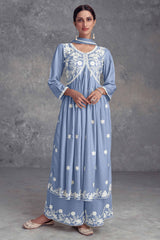 Sky Blue Rayon Salwar Suit Featuring Beautiful Floral Embroidery