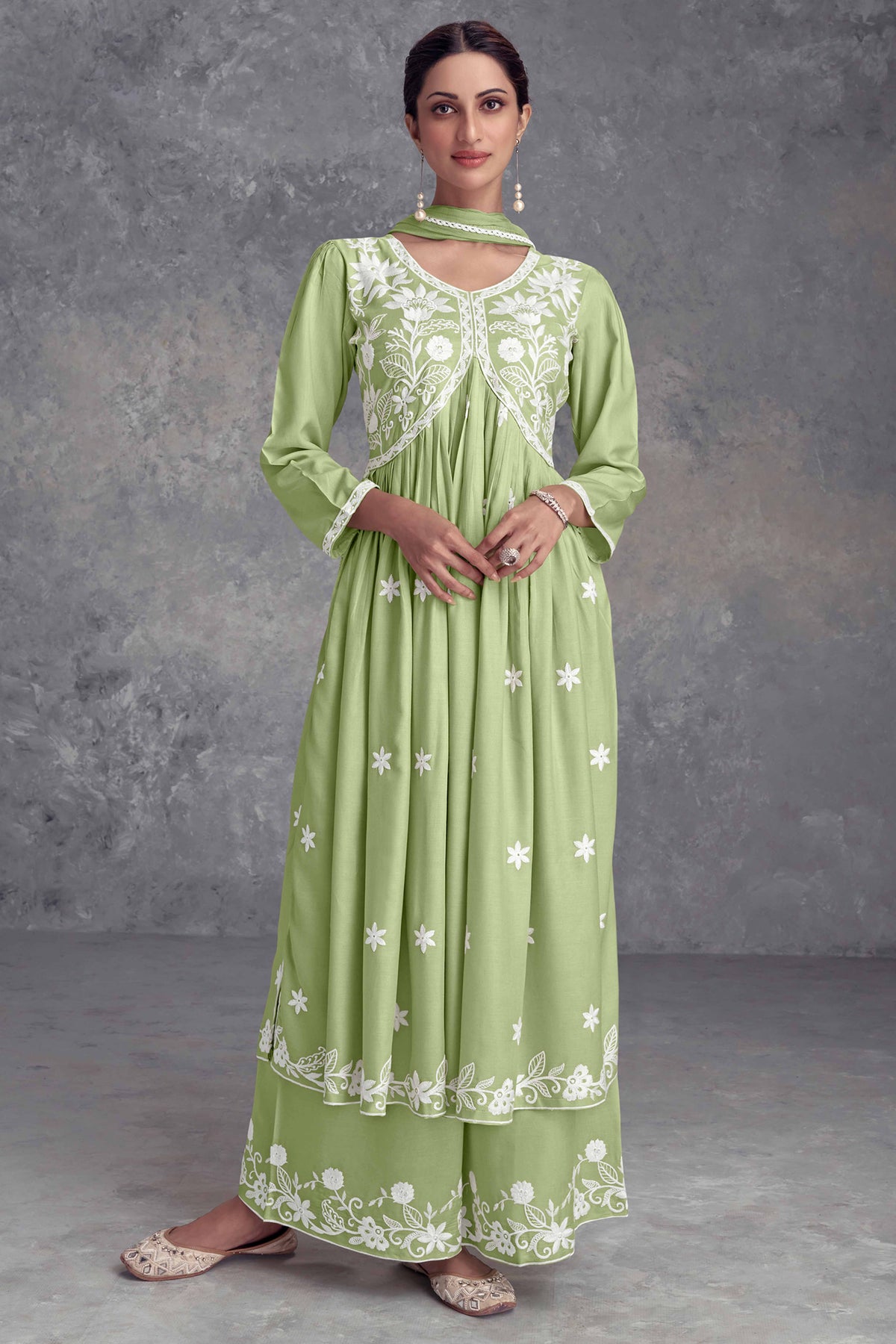 Pista Green Rayon Salwar Suit Featuring Beautiful Floral Embroidery