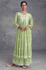 Pista Green Rayon Salwar Suit Featuring Beautiful Floral Embroidery