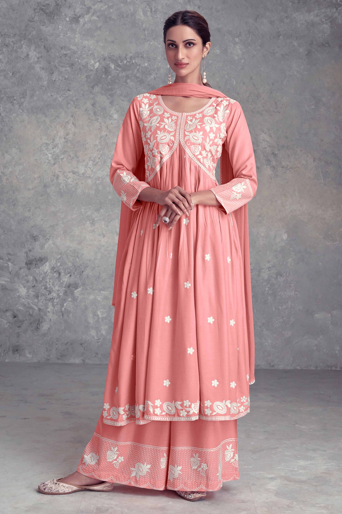 Floral Embroidered Peach Rayon A-Line Salwar Suit