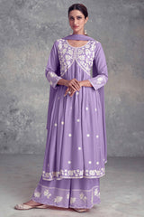 Floral Embroidered Lavender Rayon A-Line Salwar Suit