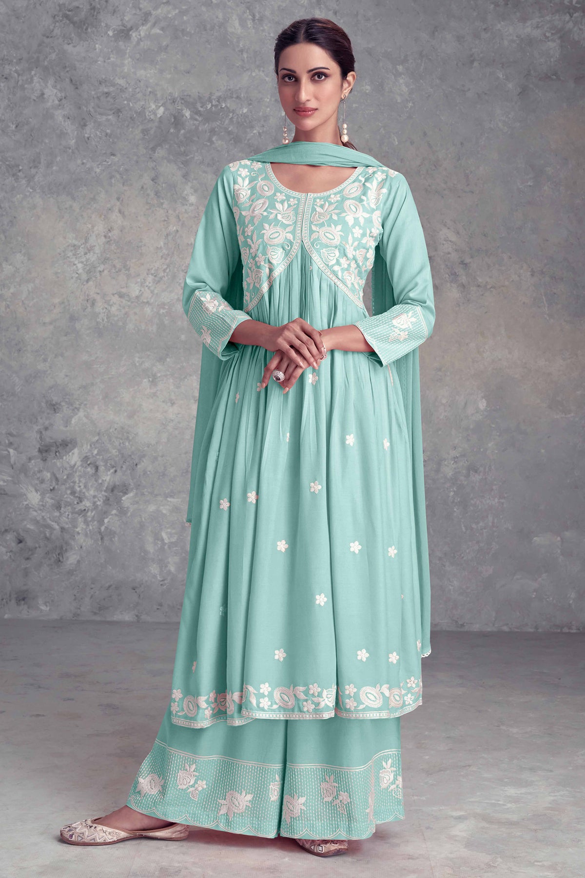 Floral Embroidered Mint Green Rayon A-Line Salwar Suit