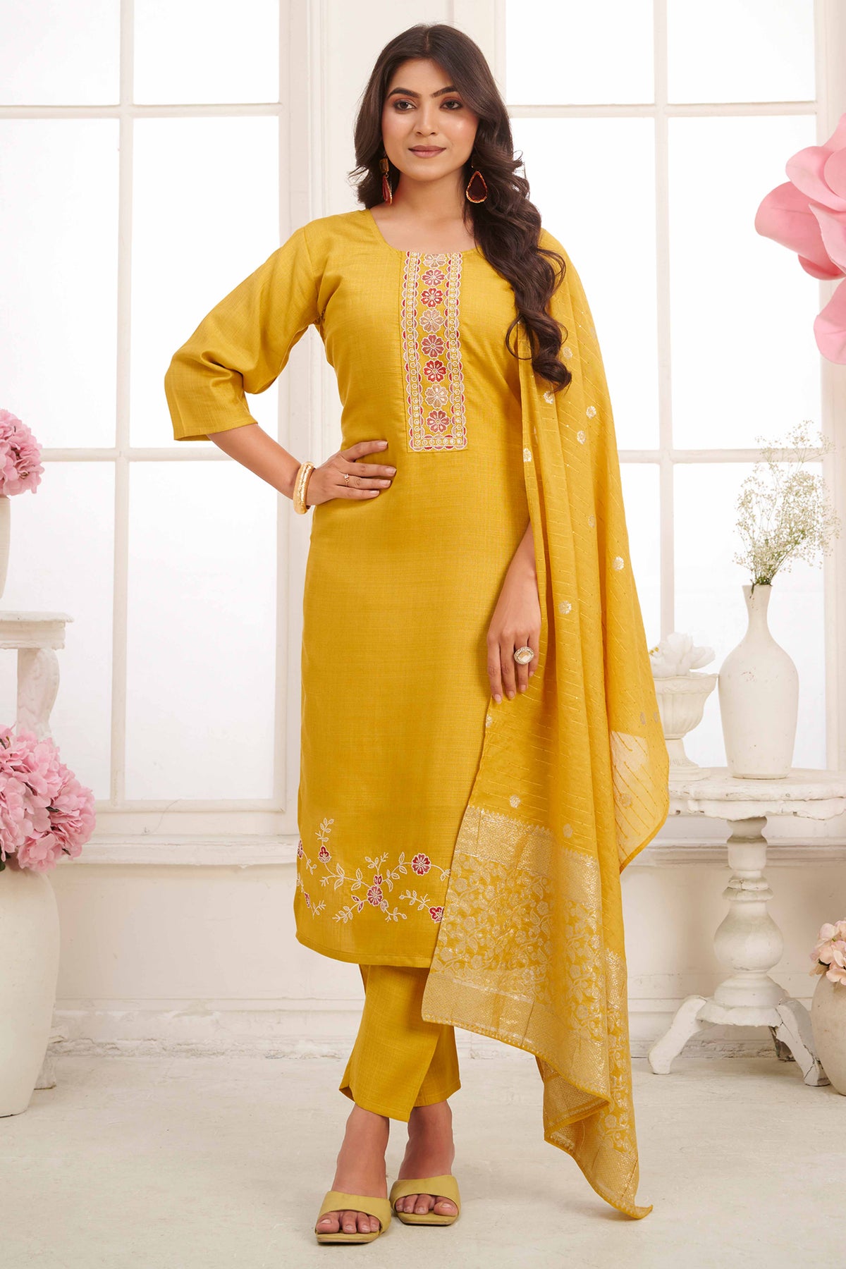Mustard Floral Embroidered Straight Salwar Suit in Viscose Vertican Silk