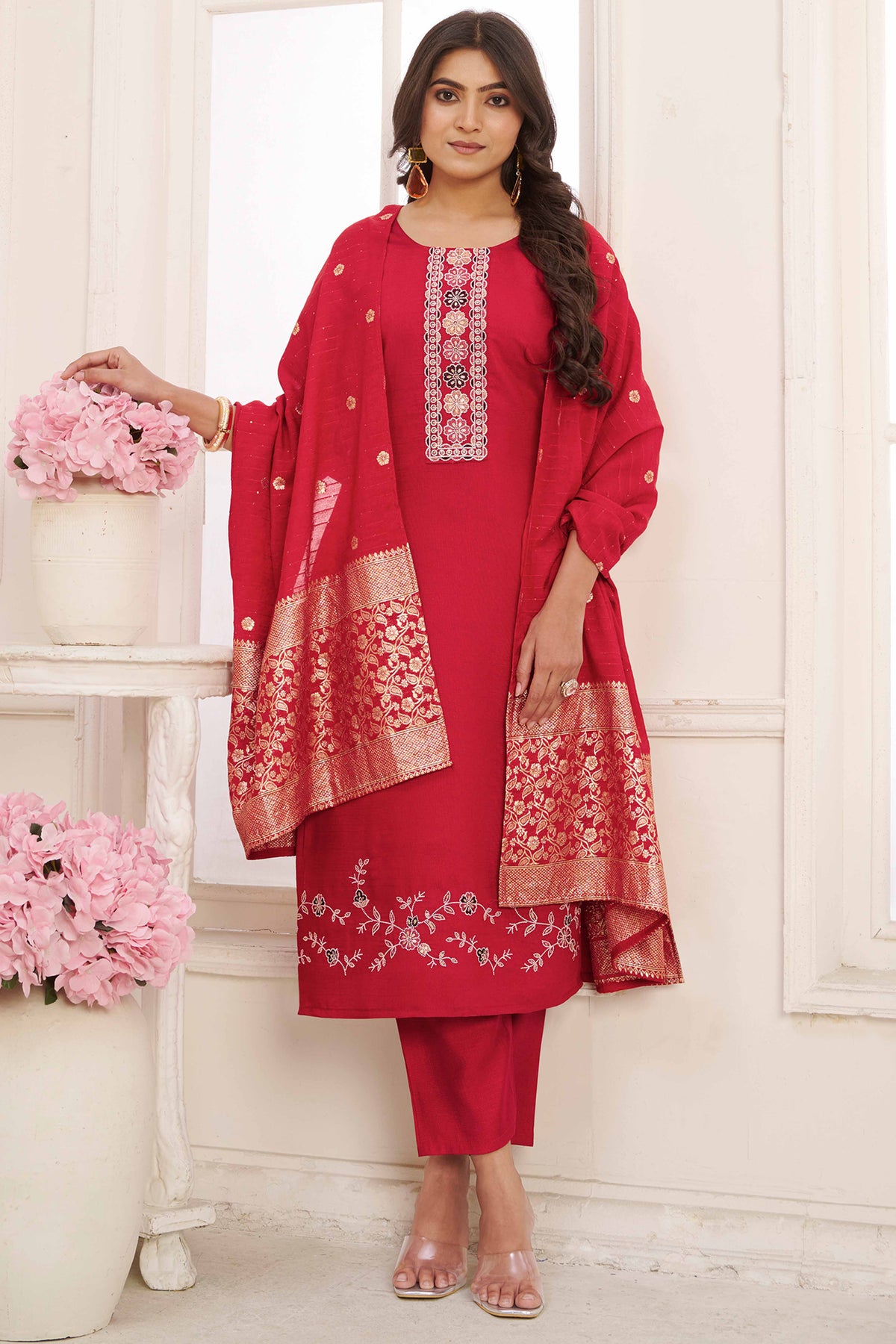 Crimson Red Floral Embroidered Straight Salwar Suit in Viscose Vertican Silk