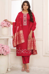 Crimson Red Floral Embroidered Straight Salwar Suit in Viscose Vertican Silk