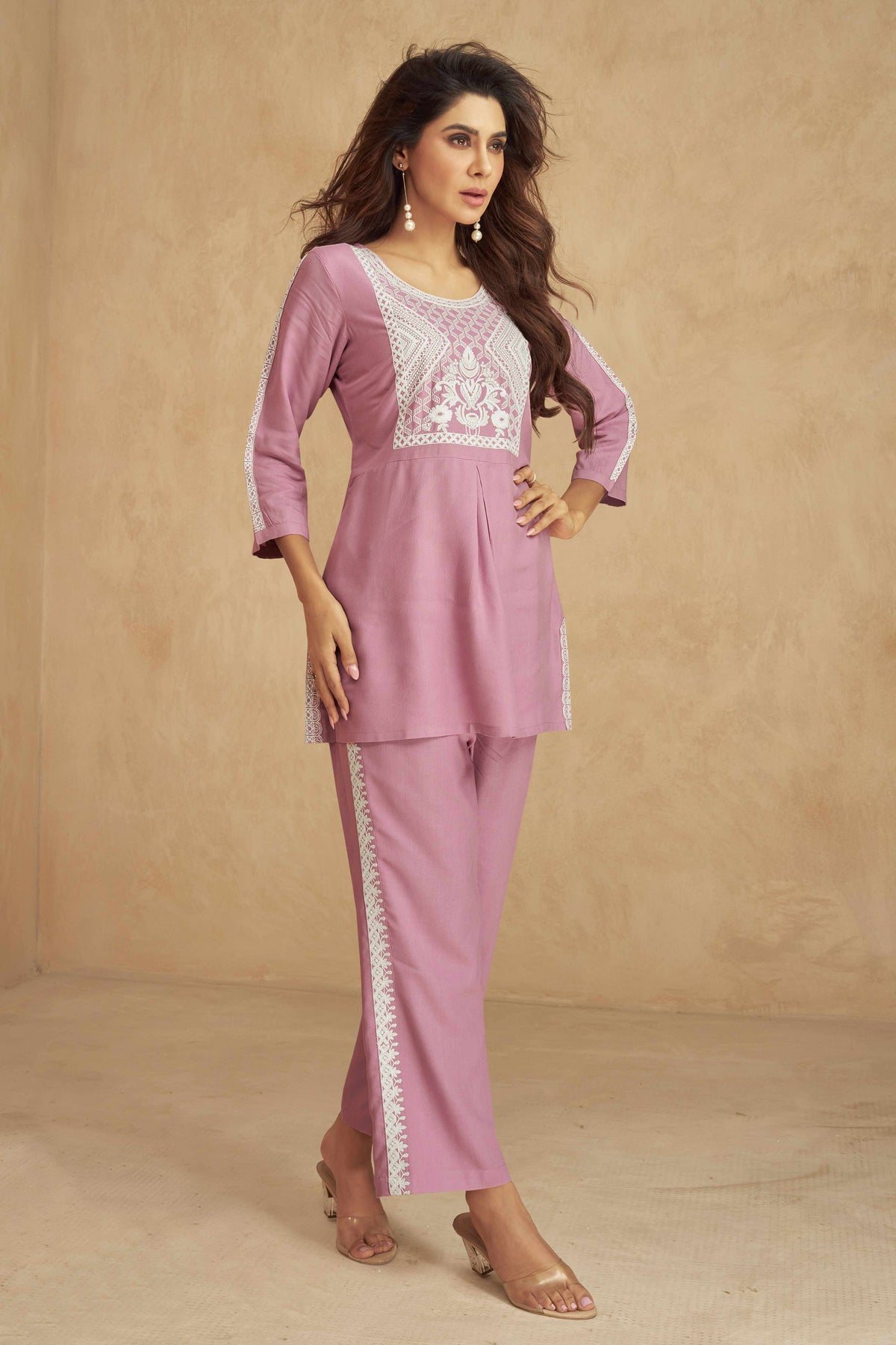 Pink Floral Embroidered Rayon Co-Ord Set – Stylish & Comfortable Party Wear