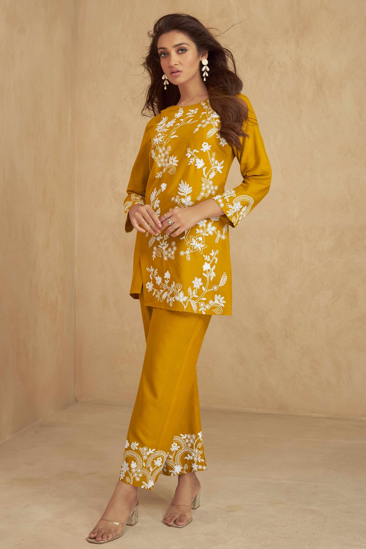 Mustard Floral Embroidered Rayon Co-Ord Set – Elegant & Comfortable Everyday Wear