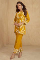 Mustard Floral Embroidered Rayon Co-Ord Set – Elegant & Comfortable Everyday Wear