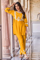 Mustard Rayon Co-Ord Set with Floral Embroidery – Elegant Everyday Wear