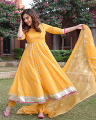Yellow Cotton Suit Set with Gota Patti and Organza Dupatta