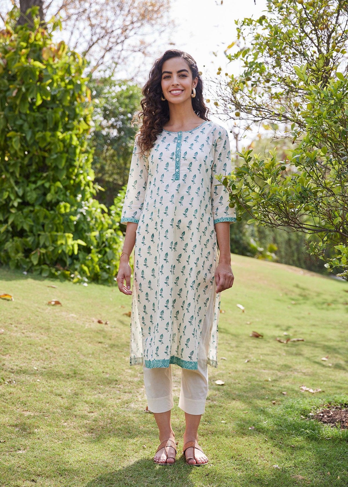 Upasana Kurta in Cream & Green with Fine Block Print