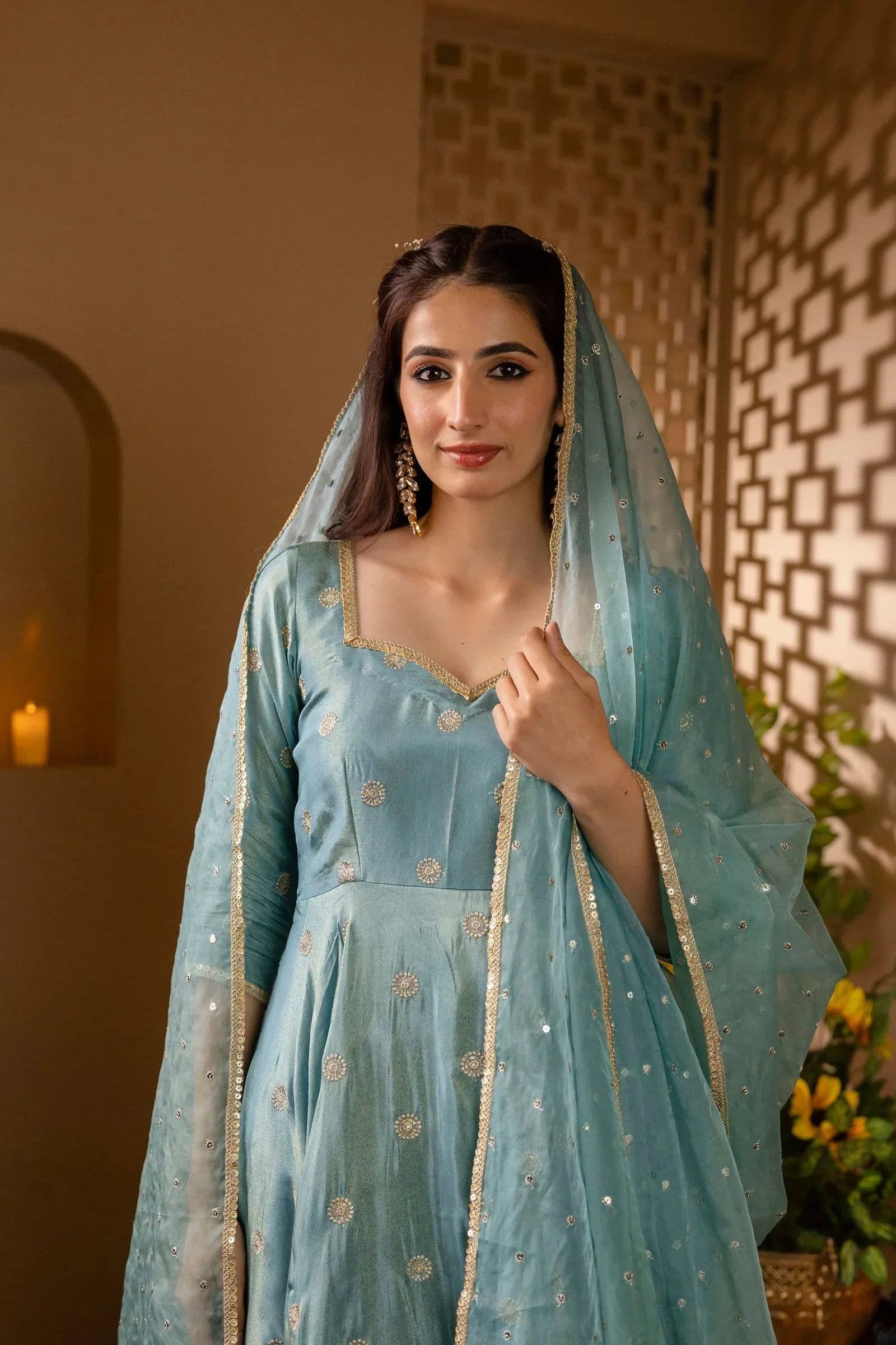 Chinon Silk Embroidered Anarkali Suit Set