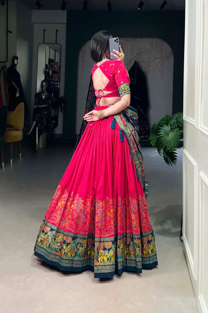 Elegant Tussar Silk Lehenga with Foil Print and Gotta Patti Lace Dupatta