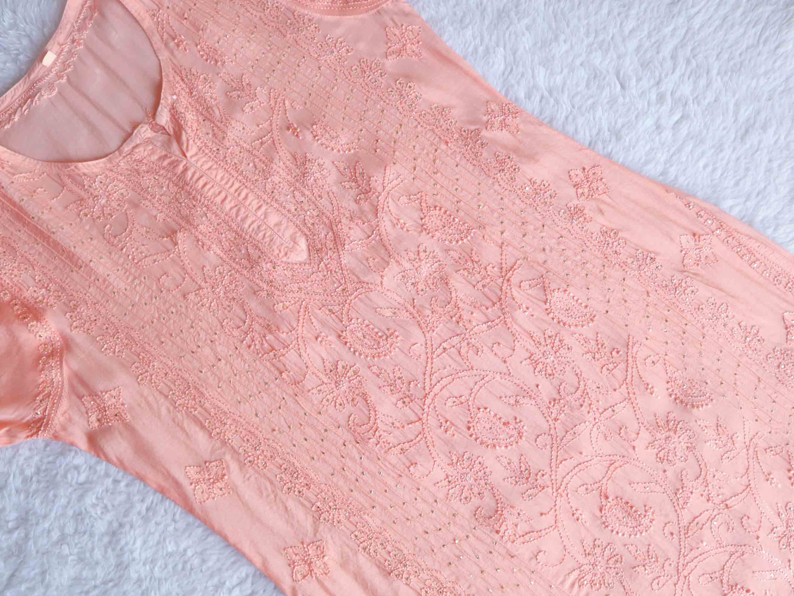 Peach Muslin Mukaish Panel Kurta