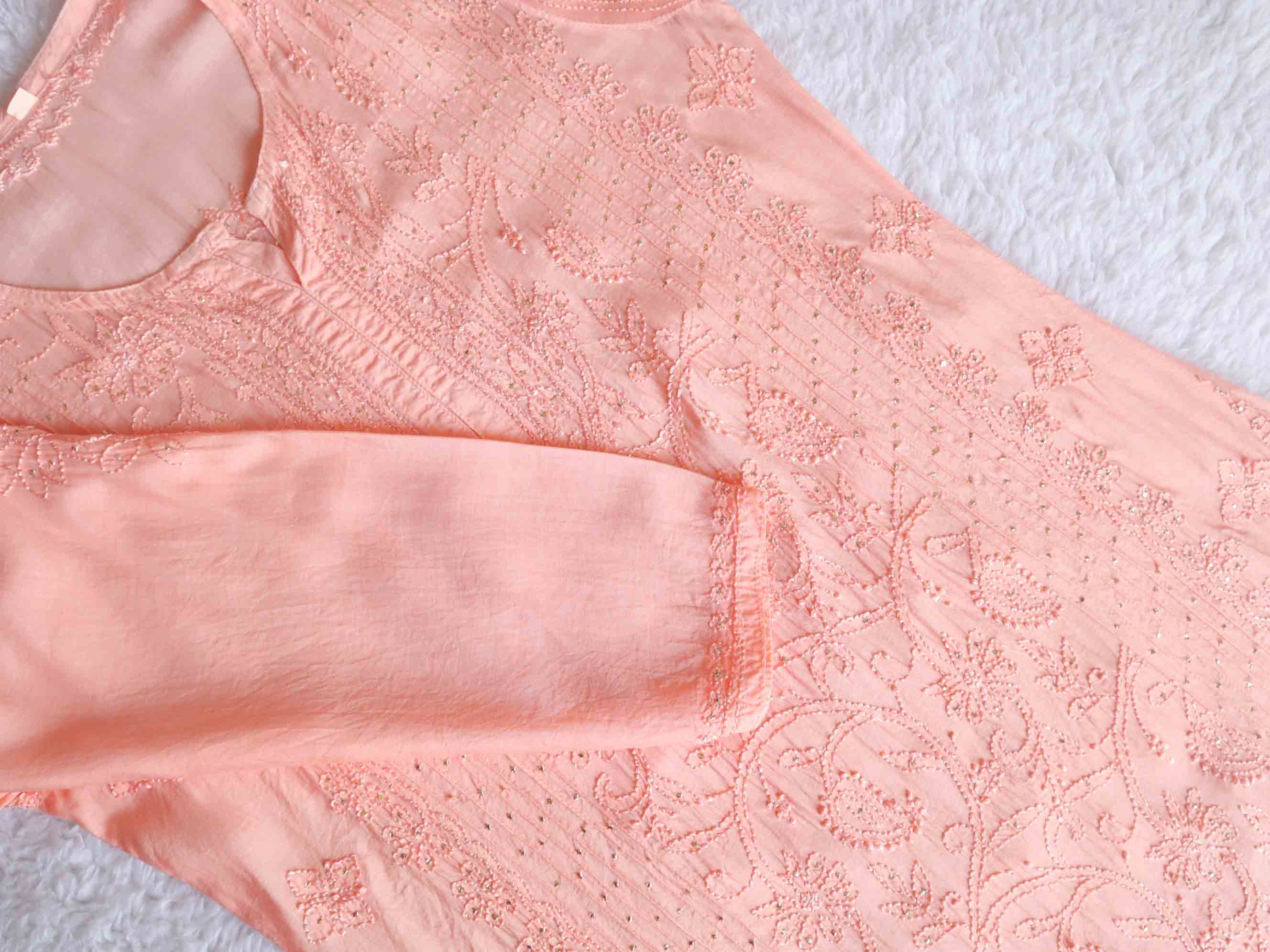 Peach Muslin Mukaish Panel Kurta