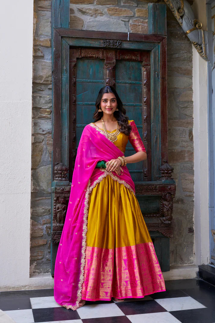 Elegant Narayan Pattu Lehenga Set with Zari Weaving & Sequins Embroidered Dupatta