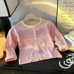 Pink Ribbed Pattern Bow Girls Top – Soft Cotton Blend Casual Wear for Toddlers and Kids