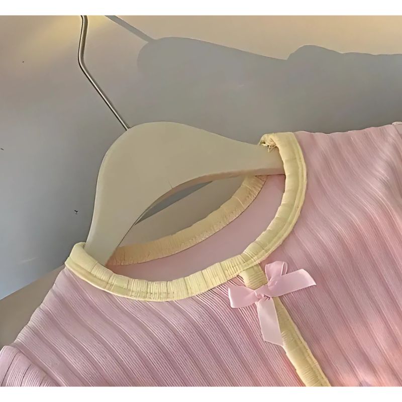 Pink Ribbed Pattern Bow Girls Top – Soft Cotton Blend Casual Wear for Toddlers and Kids