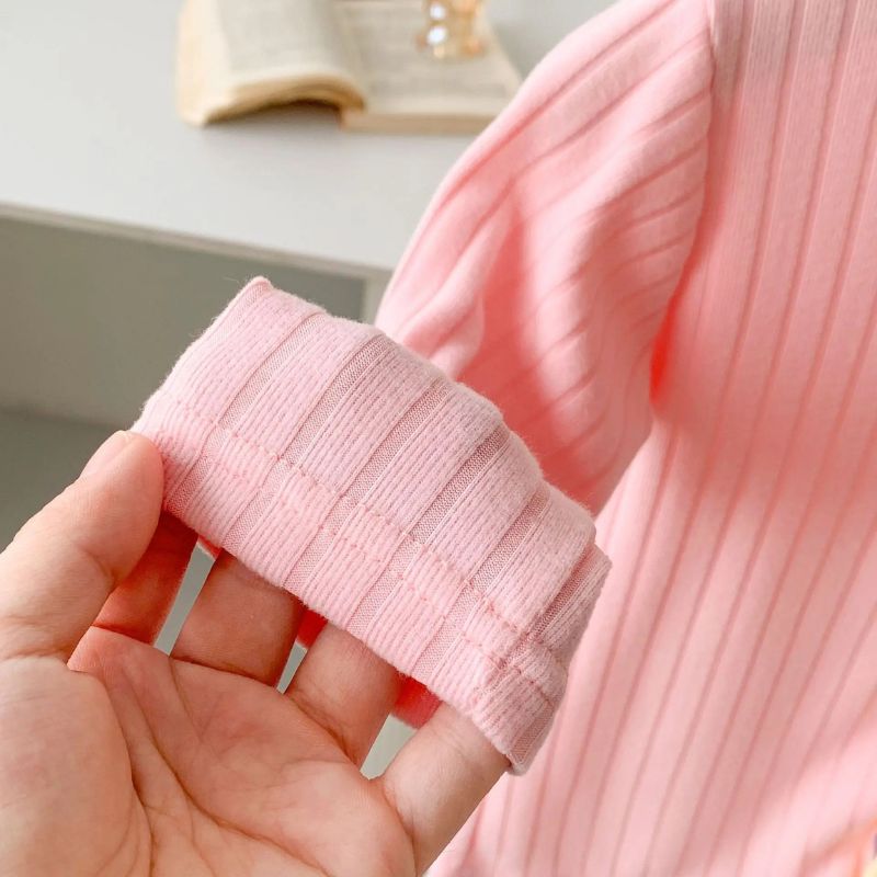 Pink Ribbed Pattern Bow Girls Top – Soft Cotton Blend Casual Wear for Toddlers and Kids