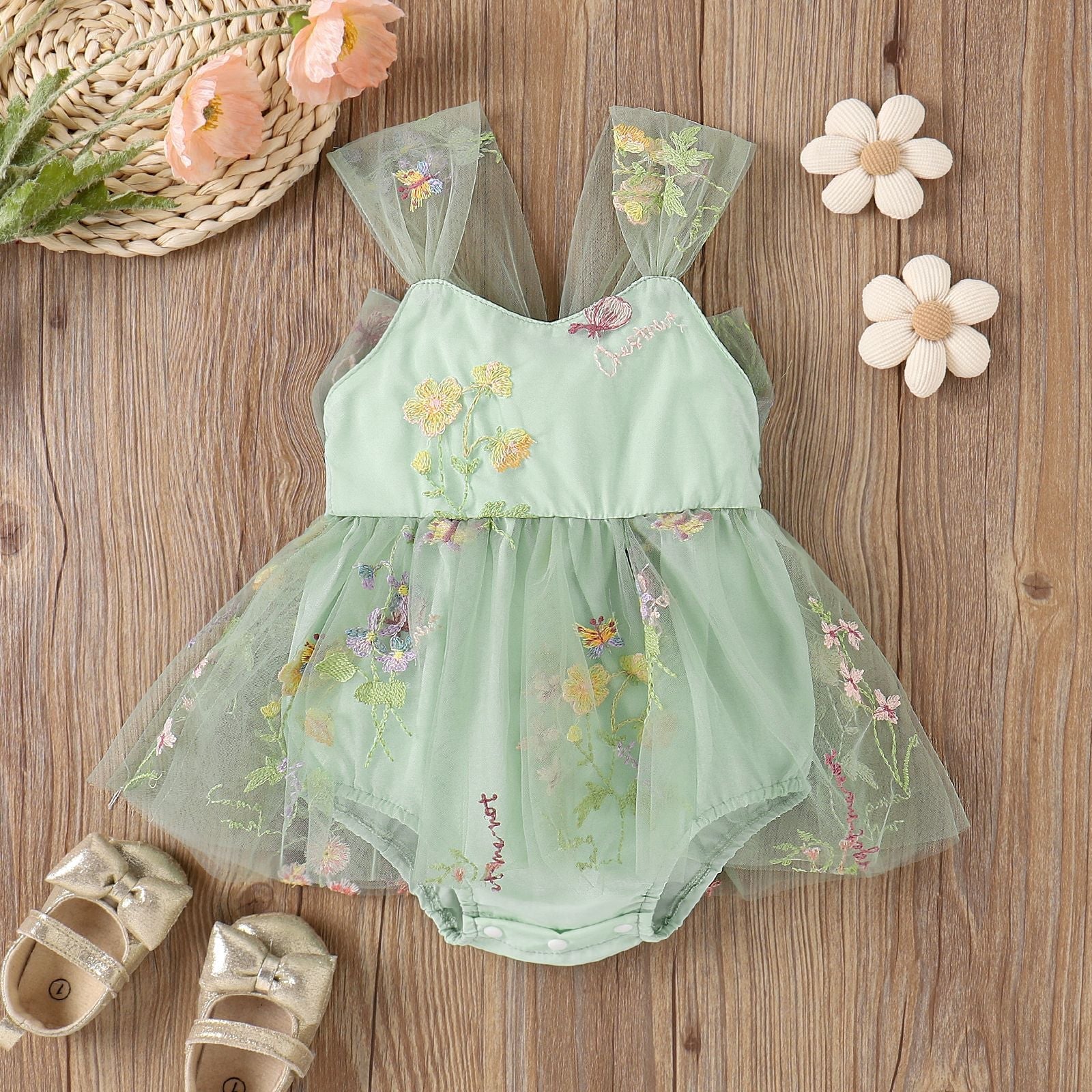 Flower Embroidered Girls Romper Dress – Soft Cotton Blend Outfit