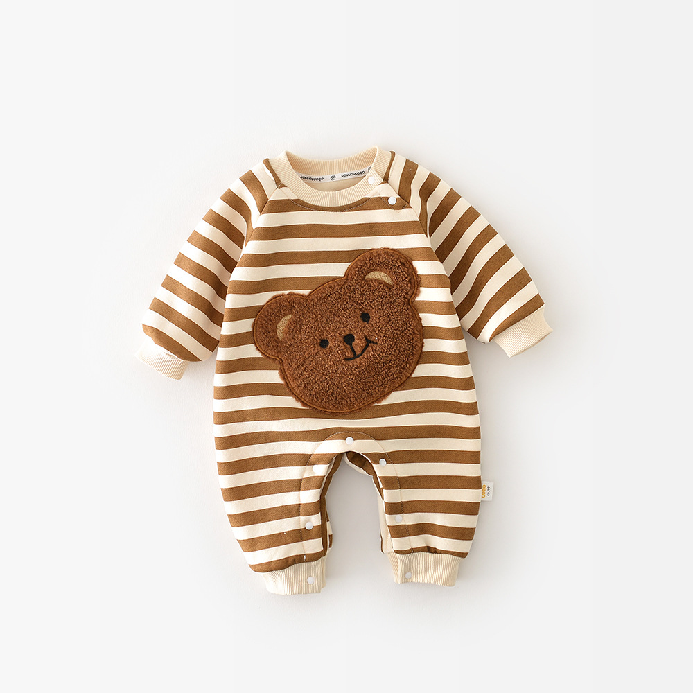 Cozy Striped Teddy Bear Baby Romper for Boys and Girls – Cotton Blend