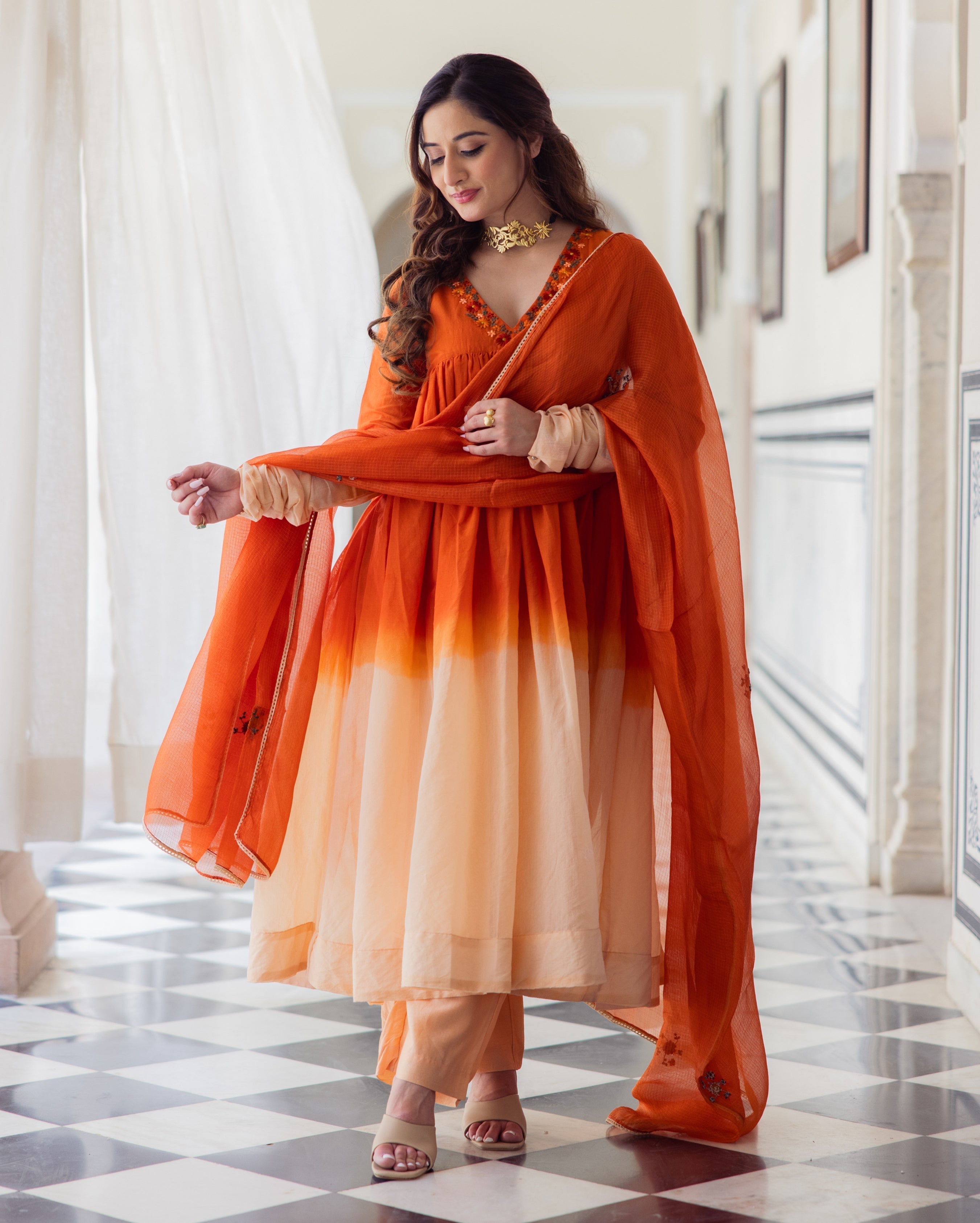 Drape Orange Ombre Embroidered Chanderi Suit Set