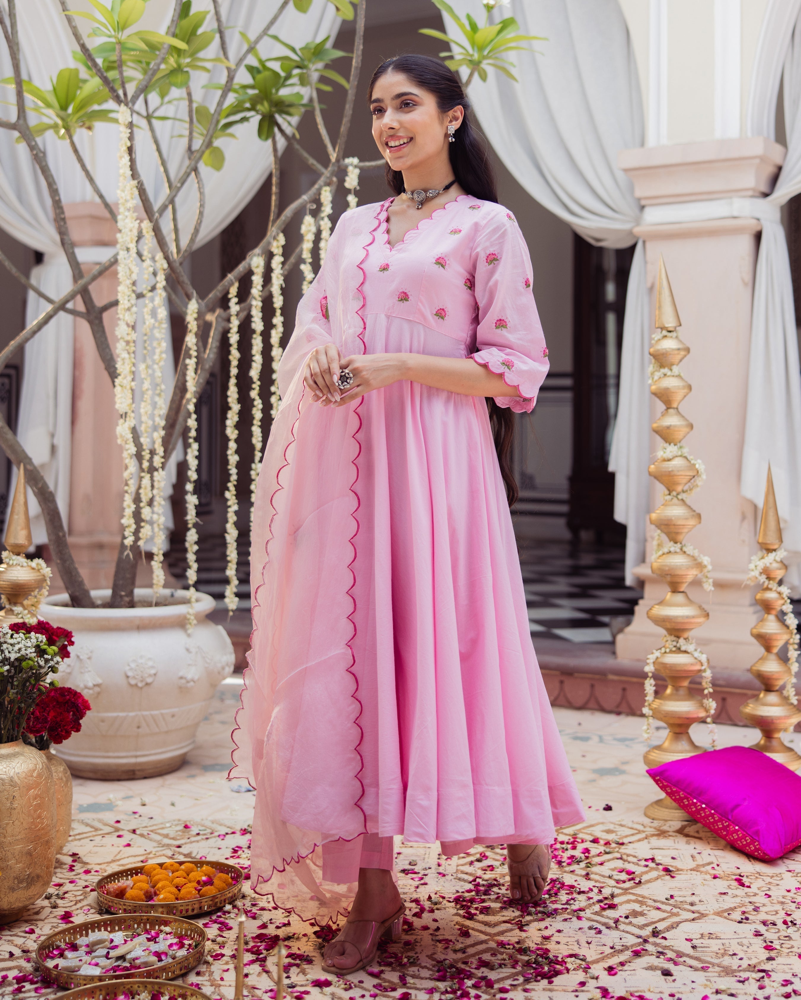 Candy Charm Pink Embroidered Cotton Suit Set