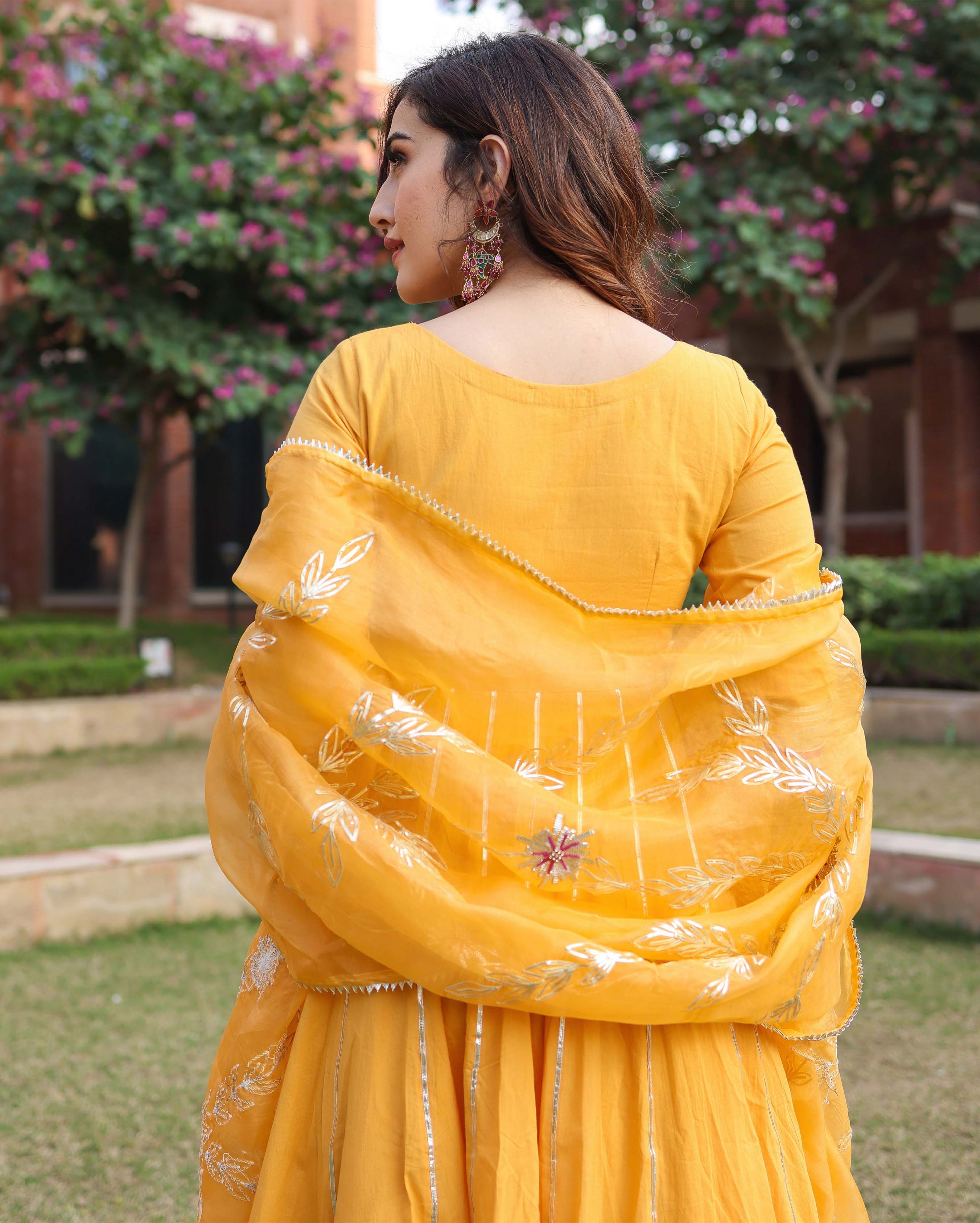 Yellow Cotton Suit Set with Gota Patti and Organza Dupatta