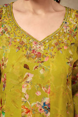 Mustard Floral Printed With Handwork On Neck Rayon Anarkali Salwar Suit