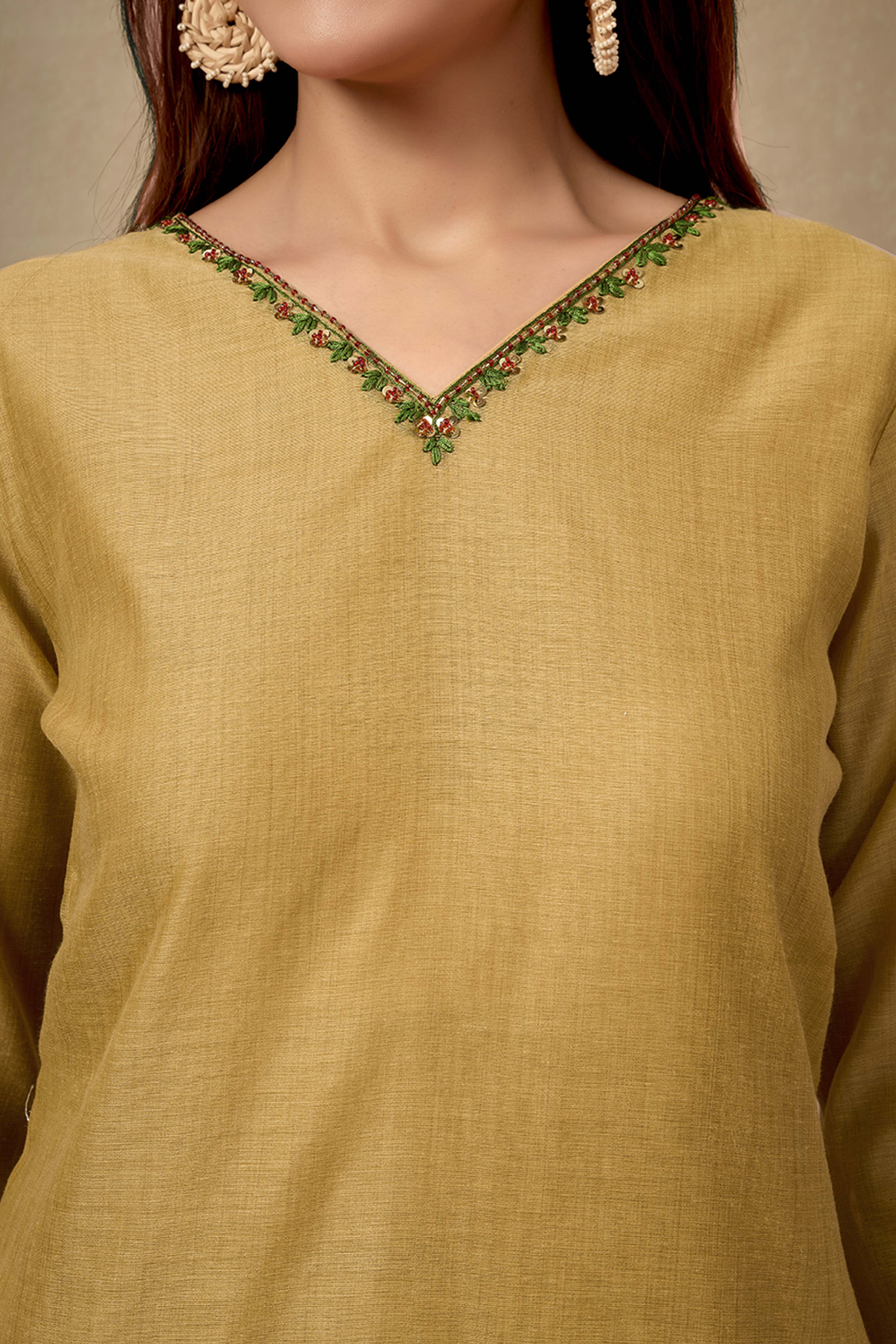 Mustard Chanderi Cotton Jamdani Salwar Suit with Floral Embroidery