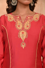 Rusty Red Embroidered A-Line Chanderi Silk Salwar Suit with Delicate Patchwork Detailing
