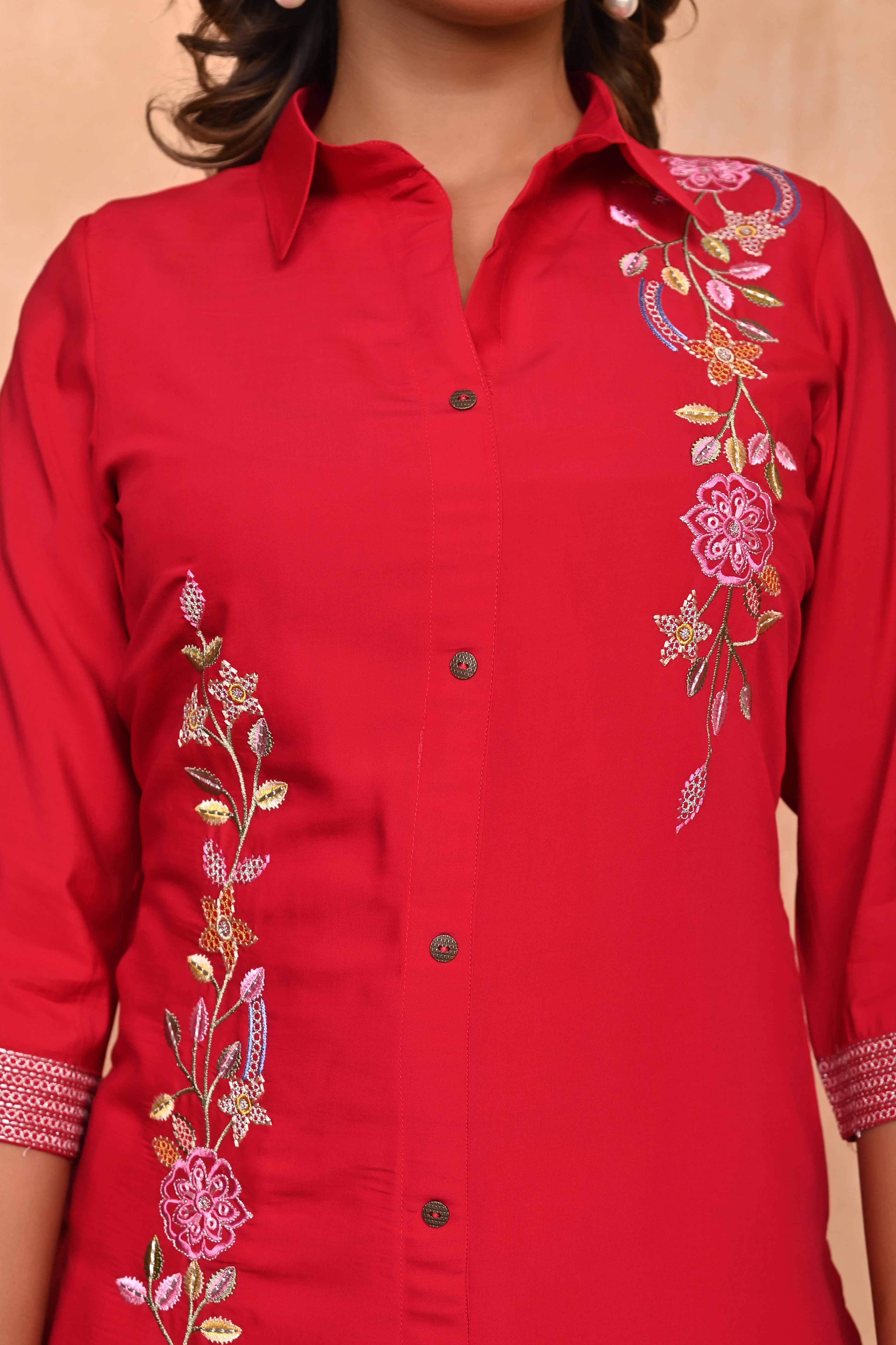 Red Floral Embroidered Chanderi Co-Ord Set – Top & Bottom