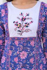 Blue Pure Cotton Salwar Suit with Floral Prints and Embroidered Neck