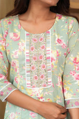 Floral Printed Pista Green Pure Cotton A-Line Salwar Suit with Intricate Handwork