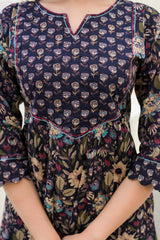 A-Line Style Black Cotton Salwar Suit with Blooming Floral Prints